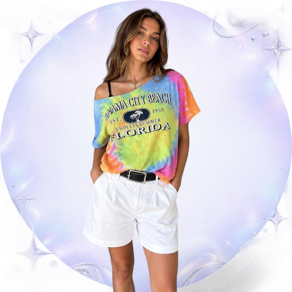 Love Unlimited Panama City Beach Florida Tie Dye Off Shoulder Graphic Tee M